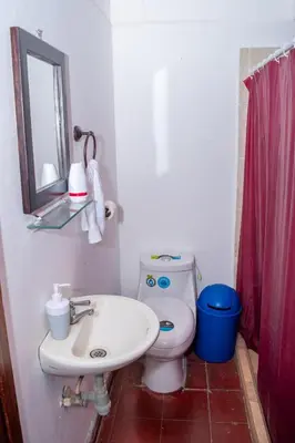 a bathroom with a sink and a toilet and a mirror at Mixtepek in Juayúa