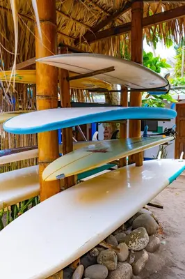 a row of surfboards sitting on a rack at Olas Permanentes El Zonte in El Zonte