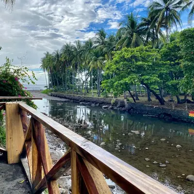 a wooden bridge over a body of water with palm trees at The Beach Break Hotel El Zonte in El Zonte
