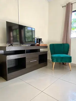 a living room with a tv and a green chair at Paradise Surf Hotel in San Miguel