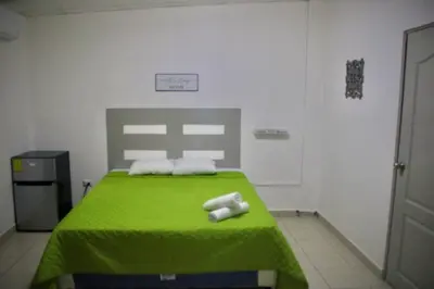 a room with a bed with a green blanket at Villa Stahl in San Salvador