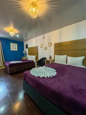 a hotel room with two beds and a chandelier at Hotel Brunette in Santa Ana