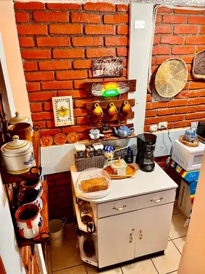 a kitchen with a counter with a brick wall at Casa Heidi, Apaneca in Apaneca