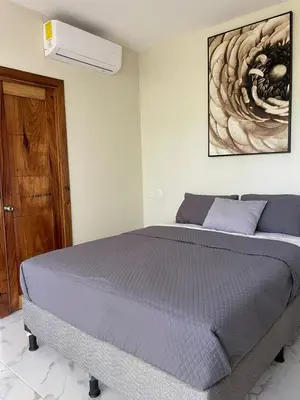 a bedroom with a bed and a ceiling fan at Hotel Finca San Nicolas in San Salvador