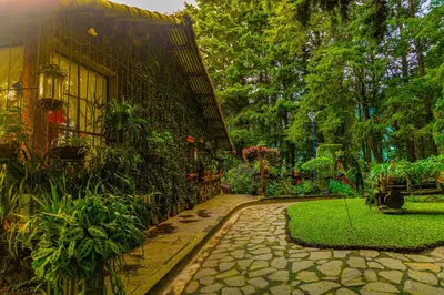 a garden with a stone walkway next to a building at Los Naranjos Town Houses in Los Naranjos