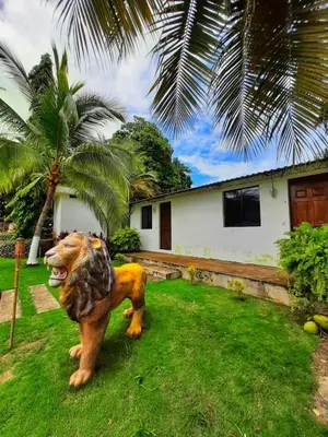 a statue of a lion in the yard of a house at Hotel Tunco Lodge in La Libertad
