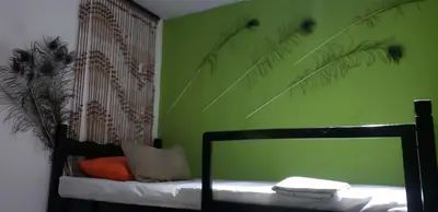 a bedroom with a bed with a green wall at Mendoza’s GUEST HOUSE in Santa Ana