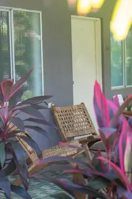 a wicker chair sitting on a bed next to a plant at La Canasta in El Zonte