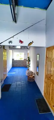 a room with a blue carpeted floor and a room with fish on the wall at Playa El Obispo D La Marea building La Libertad in La Libertad