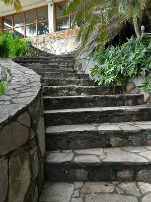 a set of stone stairs in front of a building at Hotel Silver Lake in Santa Ana