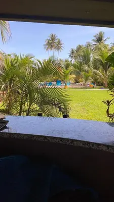 a window with a view of a park with palm trees at Sambo Mambo Beach Hotel in El Cuco