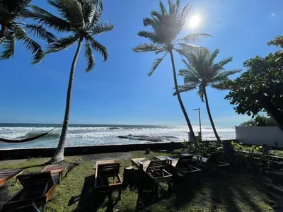 a group of chairs and palm trees on the beach at LOOKING2GOOD in El Zonte
