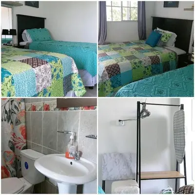 four images of a bedroom with two beds and a sink at Hostal Jasmin in Berlín