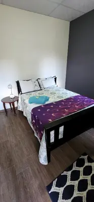 a bedroom with a bed with a purple comforter and a table at Altea Hostal in Santa Ana