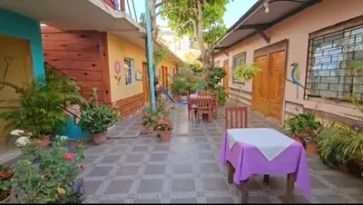 a courtyard of a house with a table and chairs at Hostal y Restaurante Posada Real in La Palma