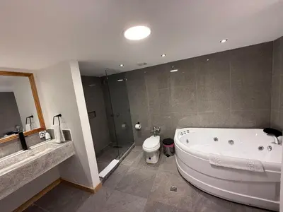 a bathroom with a tub and a toilet and a sink at HOTEL TESORO BEACH in San Luis La Herradura